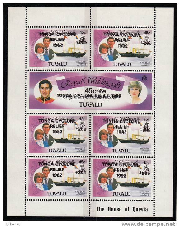 Tuvalu MNH Scott #B1, #B2 Sheetlet Of 7 45c Royal Wedding Surcharge 'Tonga Cyclone Relief 1982' Doubled - Tuvalu