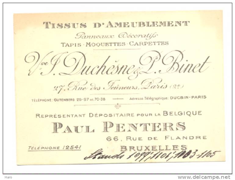 Carte De Visite - Vve Duchesnez & Binet - Paris - Bruxelles - Tissus D'ameublement (k) - Cartes De Visite