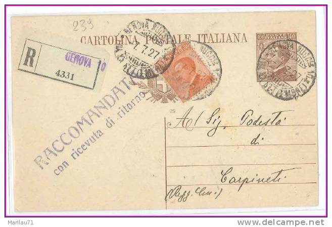2525 1927 INTERO POSTALE MICHETTI VIAGGIATO RACCOMANDATA FORI SPILLO - Stamped Stationery