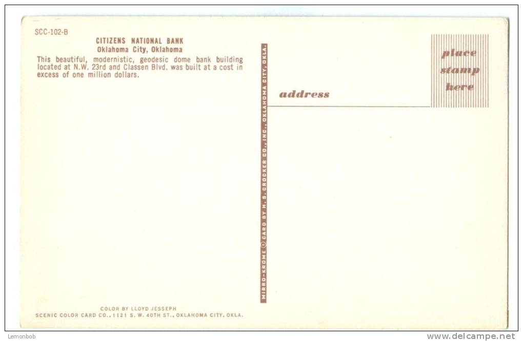 USA, Greetings From Oklahoma, Citizens National Bank, 1960s Unused Postcard [P8417] - Oklahoma City