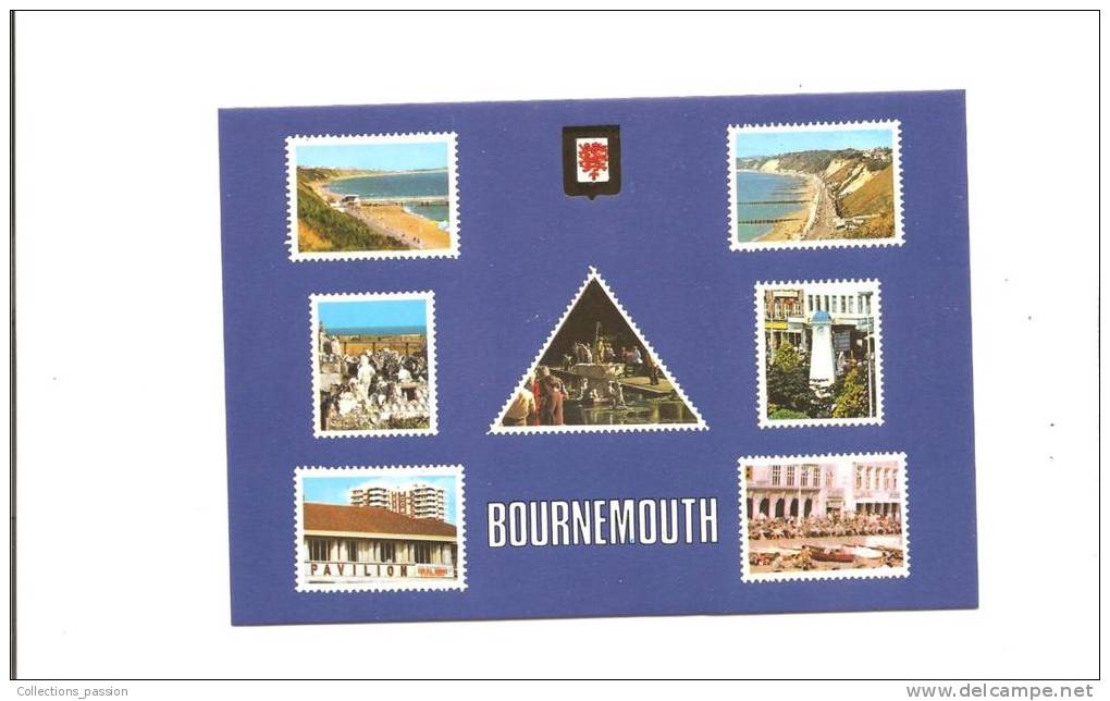 CP, Angleterre, Bournemouth, 7 Vues En Forme De Timbre Et Blason, Vierge - Bournemouth (ab 1972)