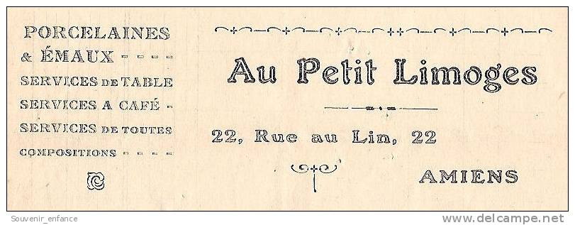 Facture Au Petit Limoges 22 Rue Du Lin  Amiens 80 Somme  Timbre Fiscal 25 Centimes Porcelaines Emaux  Services De Table - Drogisterij & Parfum