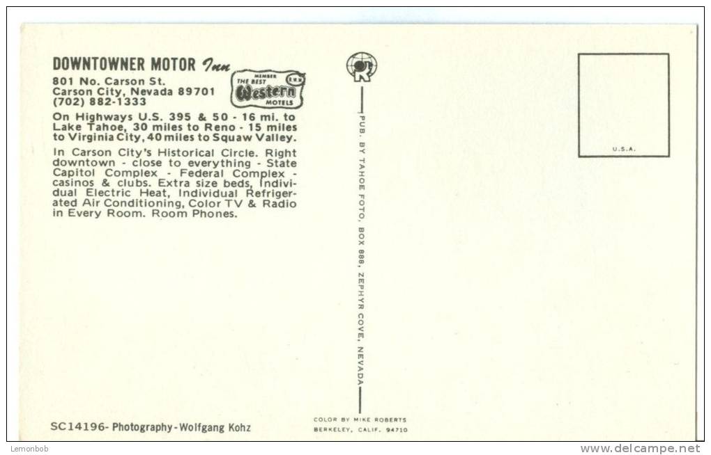 USA, Downtowner Motor Inn, Carson City, Nevada, 1970s Unused Postcard [P8434] - Andere & Zonder Classificatie