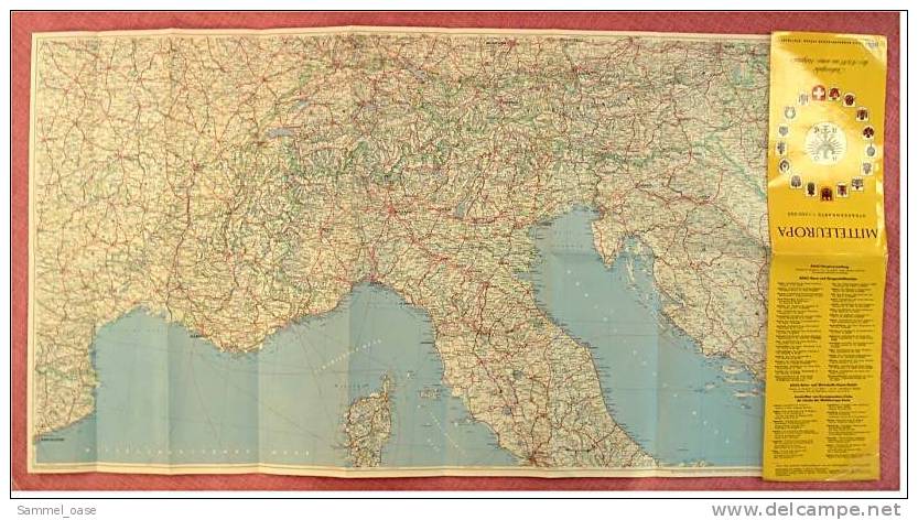 ADAC-Strassenkarte Reisekarte Mitteleuropa Von Ca. 1960 -  1:1.500.000  -  Größe : Ca. 98 X 50 Cm - Mappemondes