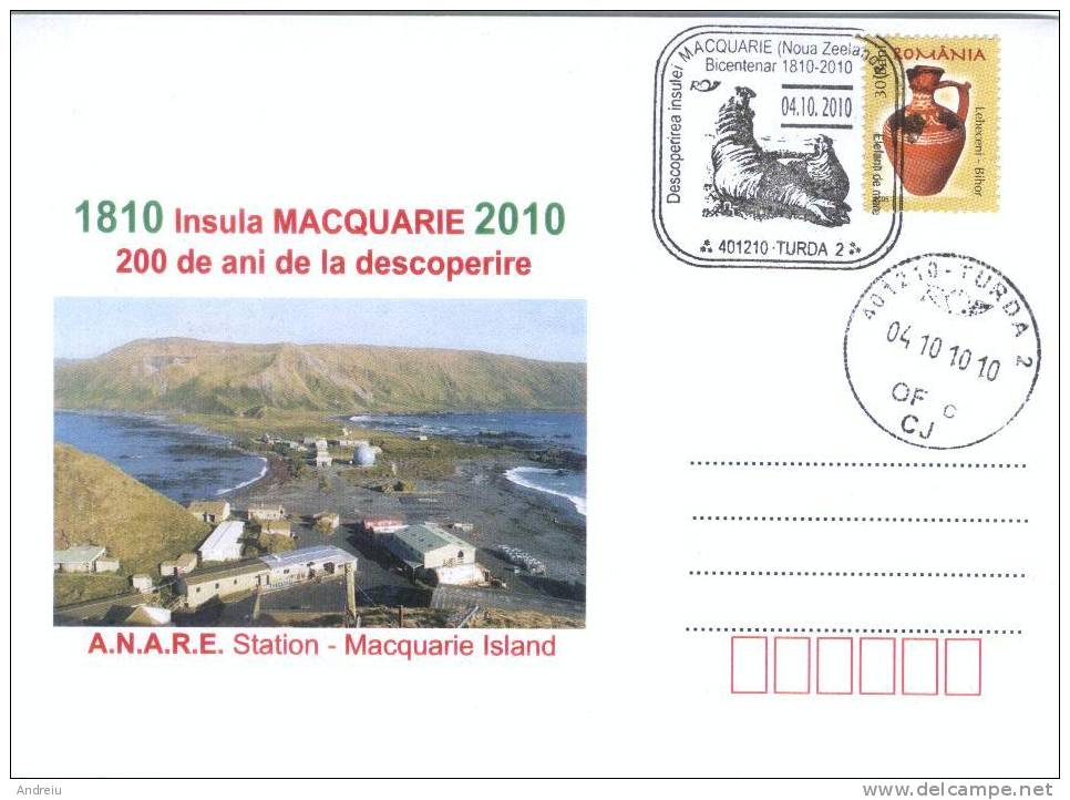 2010 ROMANIA 200 Years Discovery Macquarie Island - ANARE Station View, Special Cancel  Stationery Entier Cover - Islas