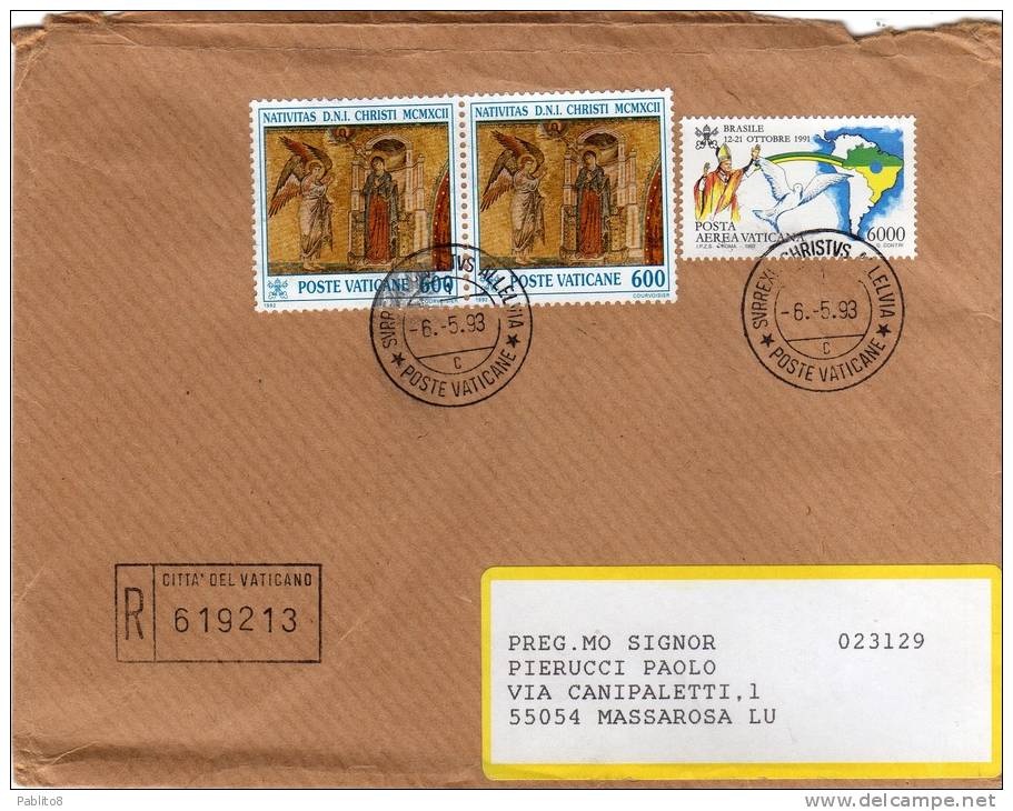 VATICANO LETTERA RACCOMANDATA  6 -5 - 1993 NATALE + VIAGGI PAPA AEREA GUARDARE LA SCANSIONE, GRAZIE - Storia Postale