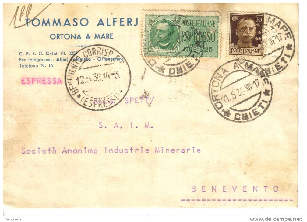 Tommaso Alfieri  Per Società Anonima Industrie Minerarie   -1936 - Storia Postale