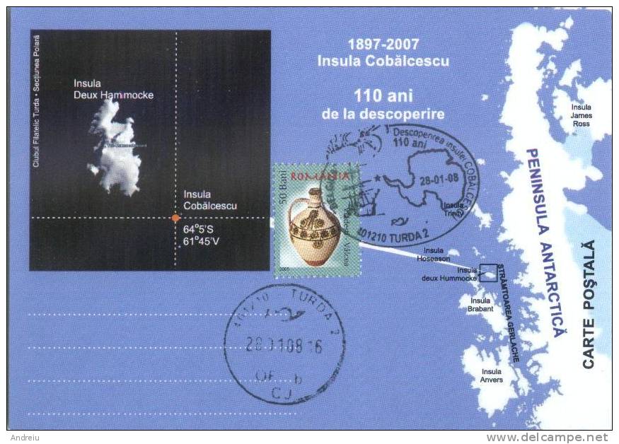 2007 ROMANIA Roumanie 110 Years Discovery Cobalcescu Island Antarctic Peninsula Map Carte Special Cancel Entier Cover - Iles