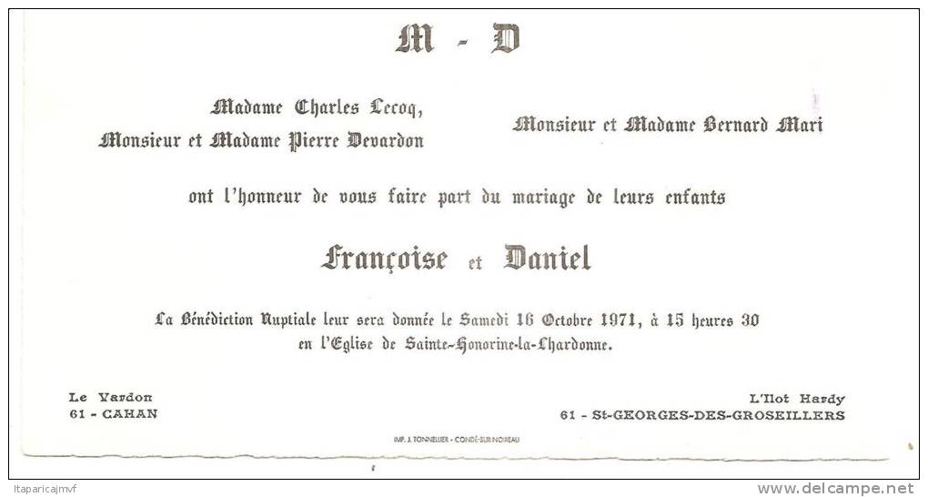 Faire Part :  Mariage  A    CAHAN -  St Georges Des  Groseillers, Prés  Flers A L ' église De STE  Honorine La  Ch - Autres & Non Classés