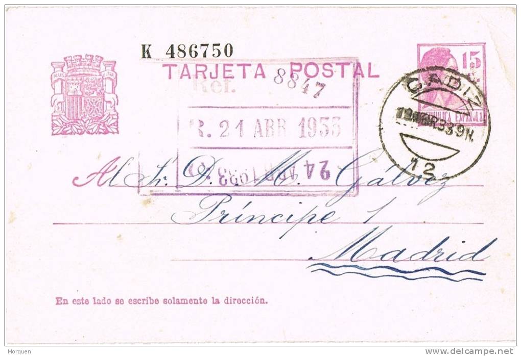 Entero Postal CADIZ 1933. Republica - 1931-....