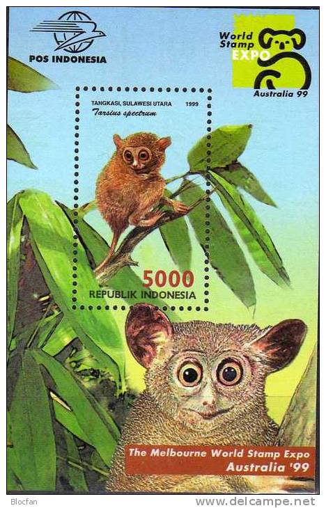 EXPO Australia 1999 Kobold-Maki Indonesien Block144 ** 2€ Tarsius Spectrum Philatelic Bloc Fauna Sheet Bf M/s Indonesia - Scimpanzé