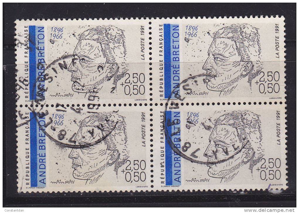 FRANCE N° 2682 2F50 + 50C GRIS NOIR ET BLEU ANDRE BRETON BLOC DE 4 OBL - Used