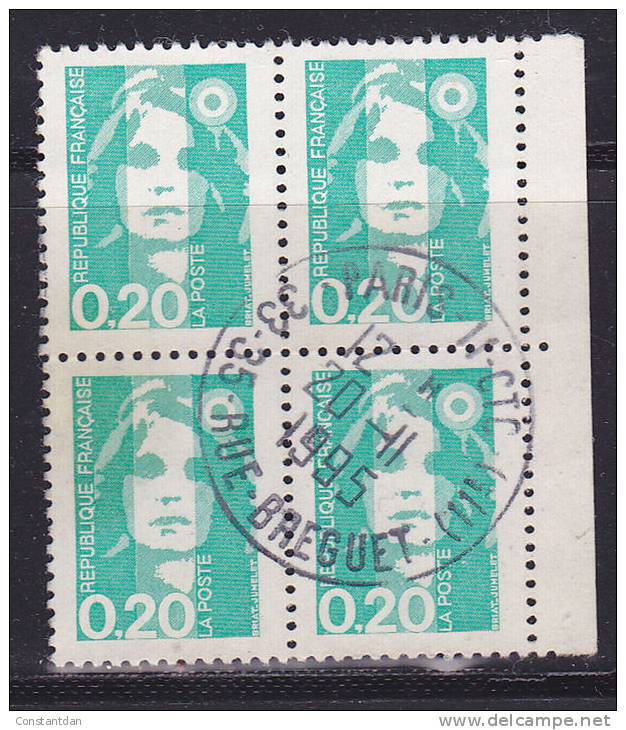 FRANCE N°2618 0.20 EMERAUDE TYPE MARIANNE DU BICENTENAIRE BLOC DE 4 OBL - Used