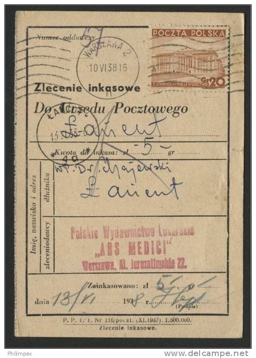 POLAND, RECEPIT WITH 20GR STAMP, USED 1938 - Storia Postale