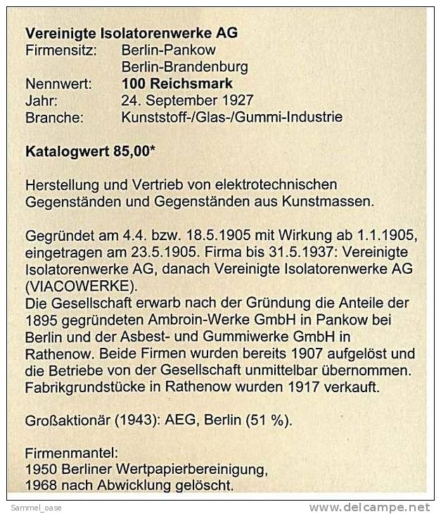 1927 Aktie Hist. Wertpapier , Vereinigte Isolatorenwerke AG  - 100 Einhundert Reichsmark - Industrie