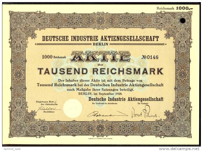 1928 Aktie Hist. Wertpapier , Deutsche Industrie Aktiengesellschaft Berlin  - 1000 Eintausend Reichsmark - Industrie