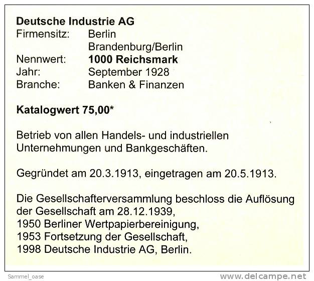 1928 Aktie Hist. Wertpapier , Deutsche Industrie Aktiengesellschaft Berlin  - 1000 Eintausend Reichsmark - Industrie