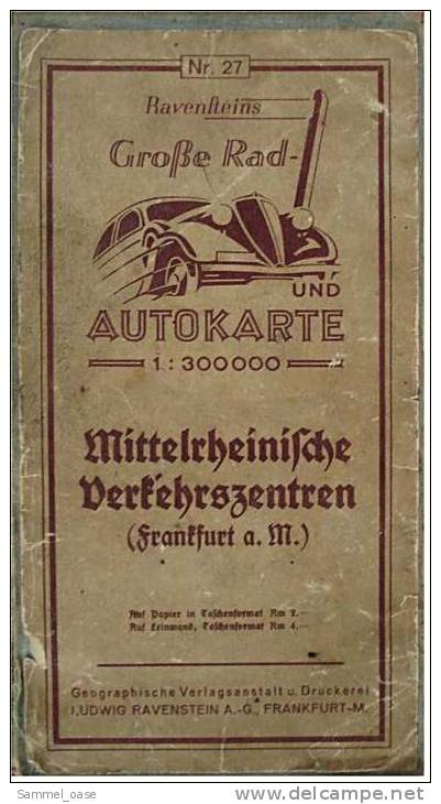 Ca.1930  Große Rad- Und Autokarte  -  Mittelrhein Frankfurt Mainz  -  Ravensteins Mittelrheinische Verkehrszentren - Maps Of The World