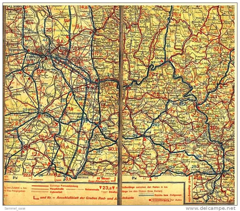 Ca.1930  Große Rad- Und Autokarte  -  Mittelrhein Frankfurt Mainz  -  Ravensteins Mittelrheinische Verkehrszentren - Wereldkaarten