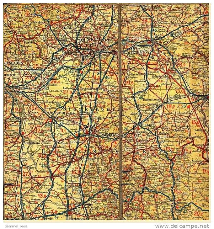 ca.1930  Große Rad- und Autokarte  -  Mittelrhein Frankfurt Mainz  -  Ravensteins Mittelrheinische Verkehrszentren