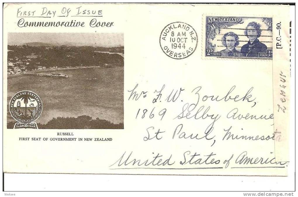 NZ170/ Prinzessinen  (pricesses On 2 Pence  Stamp) 1944  Mit Zensur (censured)) Nach USA - Briefe U. Dokumente