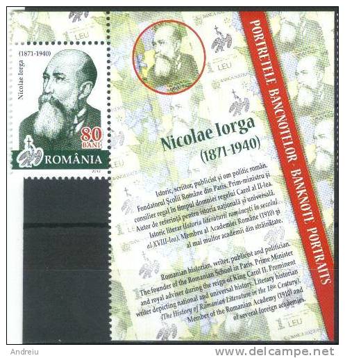 2012 Romania, Roumanie, Rumanien  Banknote Portraits Nicolae Iorga, Historian, Writer, Stamp From Block MNH - Neufs