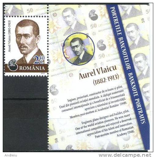 2012 Romania, Roumanie, Rumanien  Banknote Portraits Aurel Vlaicu, Engineer, Pilot, Stamp From Block MNH - Ongebruikt