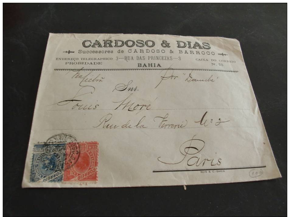 Lettre Brésil Bahia Pour Paris. 2 TP Seul Pub Cardoso Et Dias. 1901 - Autres & Non Classés