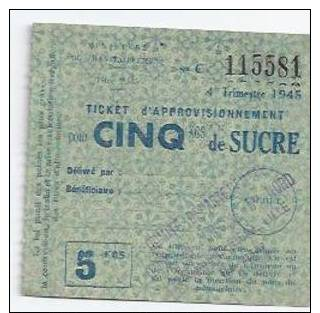 Ticket De Rationnement :cinq Kgrs De Sucre 1945 Comité Departement Agricole Nord Lille - Documenten