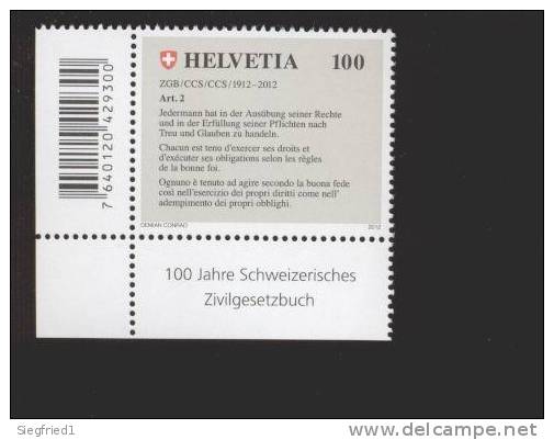 Schweiz  ** 2236  Schweizer Zivilgesetzbuch  Eckrand Mit Strichkodierung Ungefaltet Neuheiten 2012 - Unused Stamps