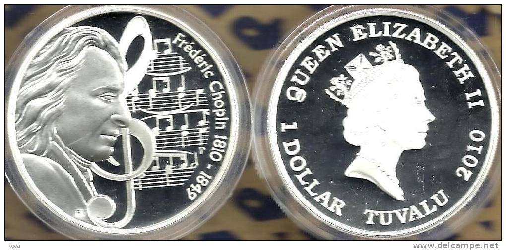 TUVALU $1 FREDERIC CHOPIN MUSIC 200 ANN. FRANCE POLAND FRONT QEII BACK 2010 SILVER PROOF READ DESCRIPTION CAREFULLY !!! - Tuvalu