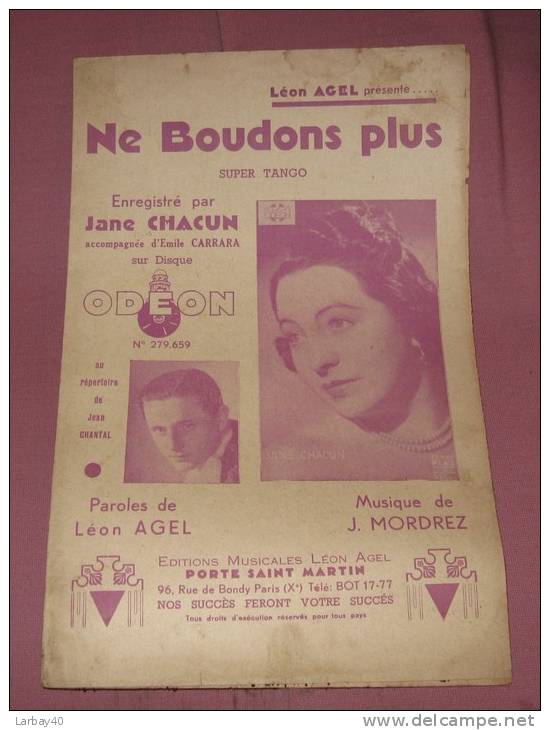 1 Partition Chanson - Ne Boudons Plus - Jane Chacun - Leon Agel - J Mordrez - Tango - Odeon - Autres & Non Classés