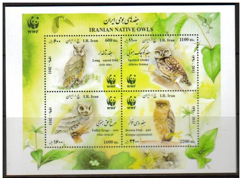 Iran Scott New Issue, MNH, 2011 Issue, Native Owl, A Single Souvneir Sheet WWF Emblem.  Everything We Sell Is 99 Cents - Iran