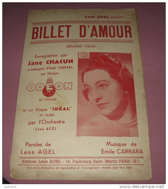 1 Partition Chanson - Billet D Amour - Jane Chacun - Autres & Non Classés