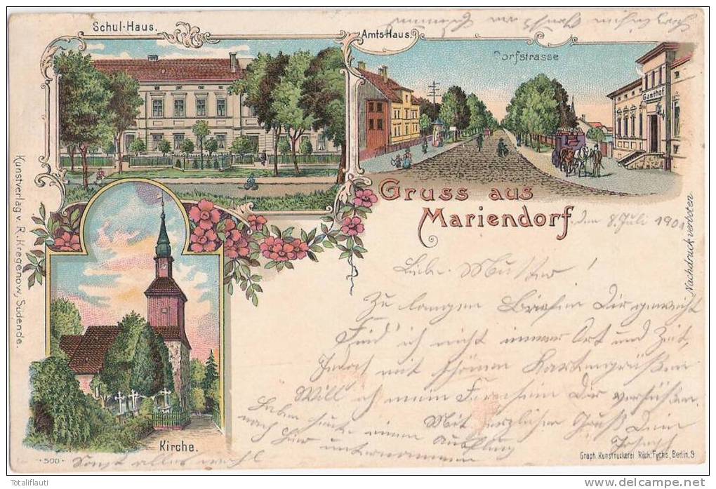 Gruss Aus Mariendorf Berlin Tempelhof Dorfstraße Schul Haus Color Litho 8.7.1901 Gelaufen - Tempelhof