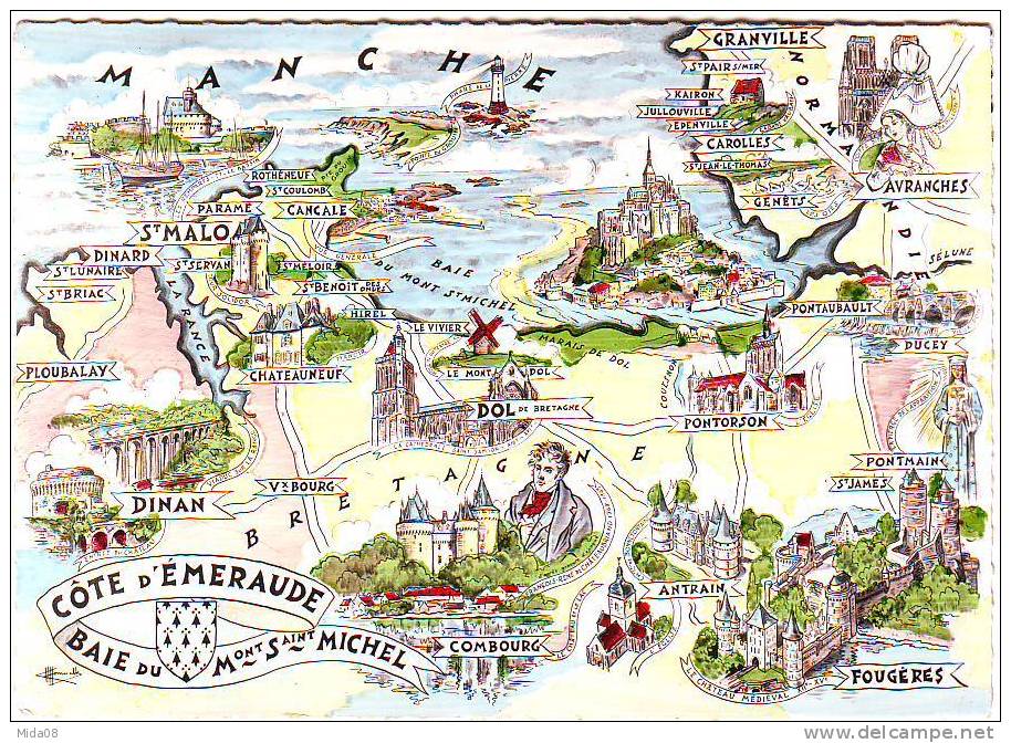 CARTE GEOGRAPHIQUE DE LA BRETAGNE. COTE D'EMERAUDE ET BAIE DU MONT SAINT MICHEL. ILLUSTRATEUR HOMUALK - Homualk