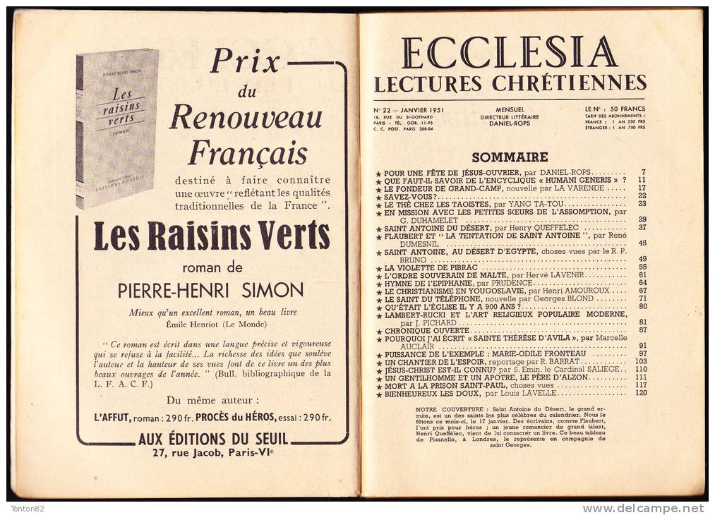 Écclésia N° 22 - Janvier 1951 - Lectures Chrétiennes - Religione