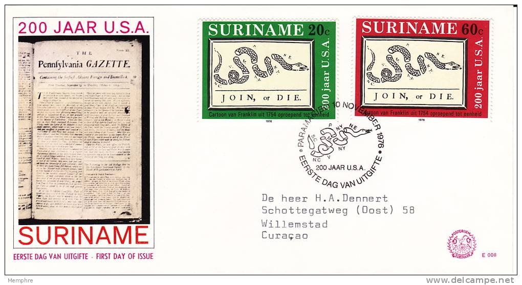 1976  USA Bicentennial  Sc458-9  FDC - Surinam