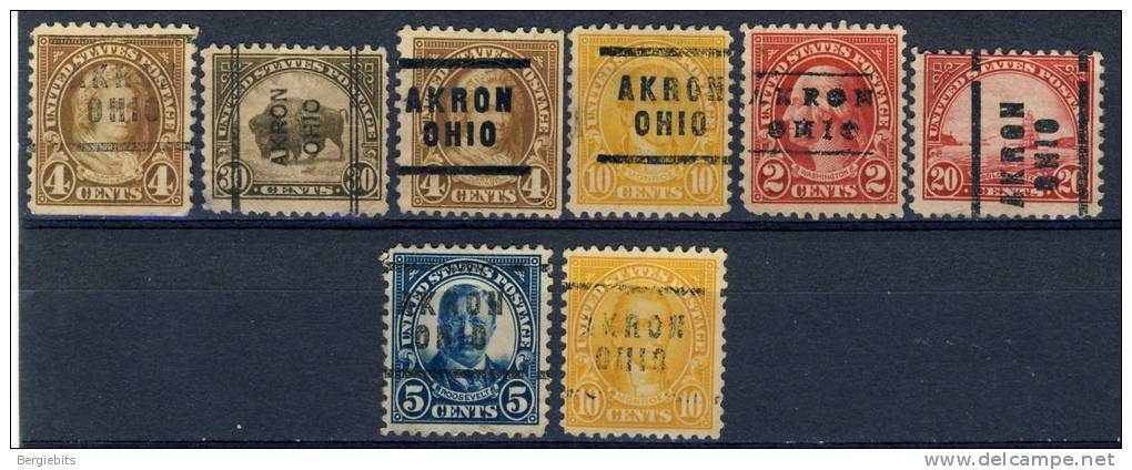 8 Different Very Old United States Precancels From Akron, Ohio - Precancels
