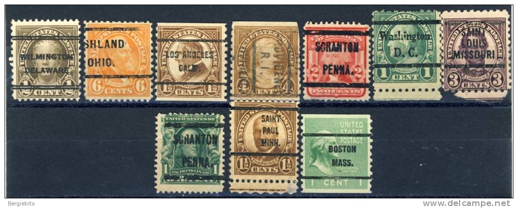10 Different Very Old United States Precancels From 10 Differtent Cities, Couple Of Faults - Precancels