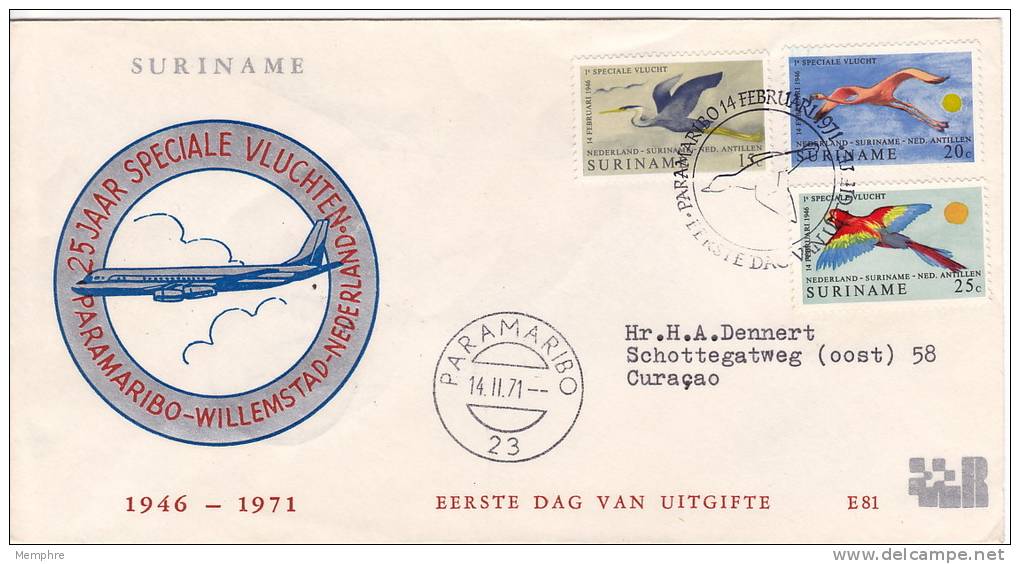 1970  25 Jaar Speciale Vluchten  Vogels   E79  FDC  Birds, Oiseaux - Suriname ... - 1975