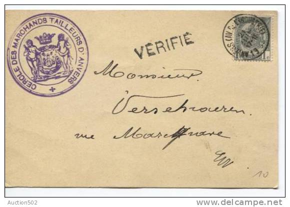 TP 81 S/CP C.Anvers(Av.de L'industrie) + Griffe Vérifié+c.mauve Cercle Des Marchands Tailleurs D'Anvers V.E/V 710 - Linear Postmarks