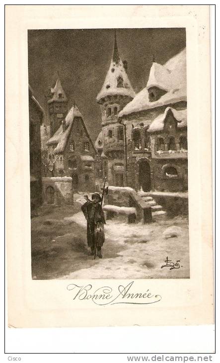 Cartes Postales - Bonne Année - Tableau : Guet Veilleur Au Moyen-âge - H.H.I.W. Signé, Peintre à Identifier - Malerei & Gemälde