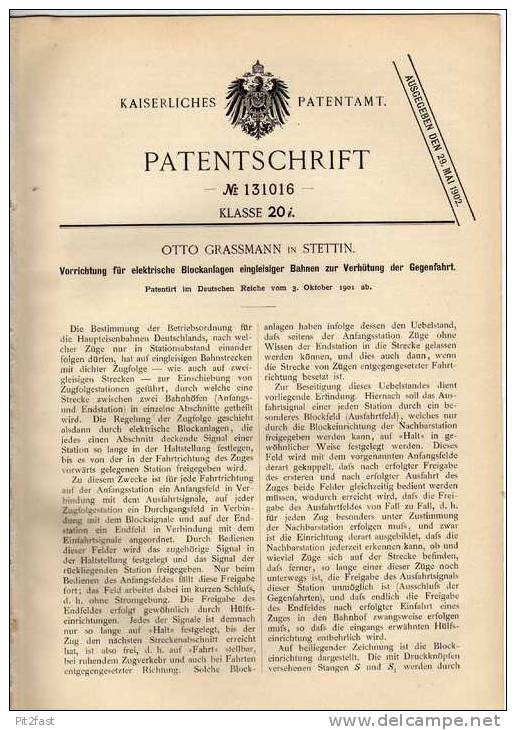 Original Patentschrift -O. Grassmann In Stettin , 1901, Eisenbahn - Sicherheitsvorrichtung !!! - Macchine