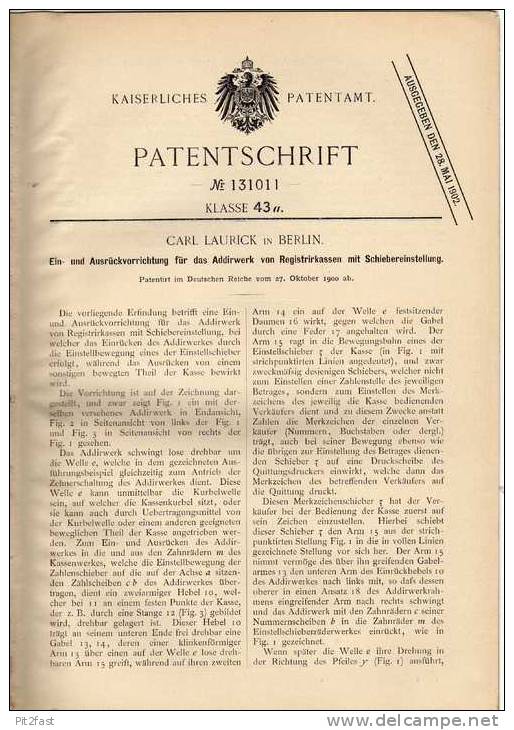 Original Patentschrift - Registrierkasse , Kasse , 1900, C. Laurick In Berlin !!! - Tools