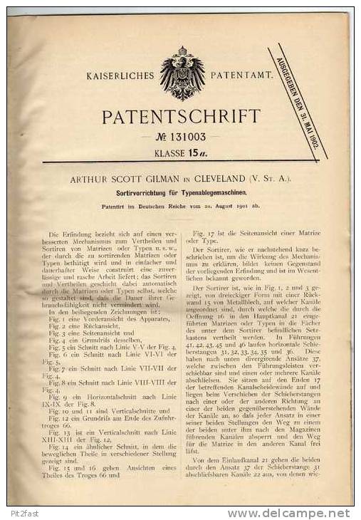 Original Patentschrift - Typenablegemaschine , 1901, Druck , Buchdruck , Druckerei , A. Gilman In Cleveland !!! - Máquinas