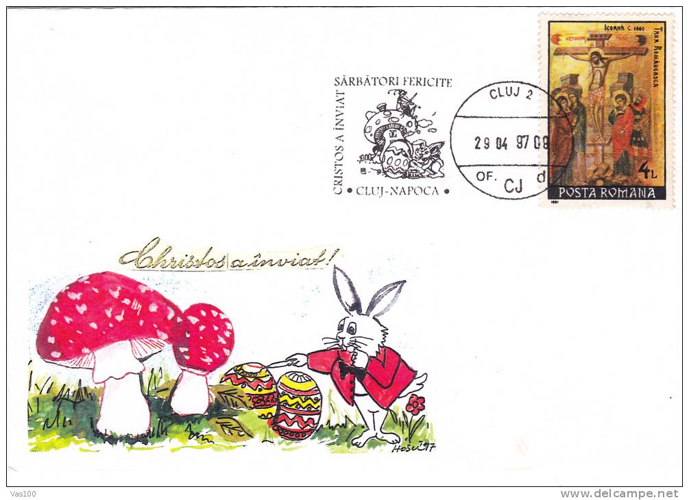 JESUS HAS RESSURECTED, EASTER, RABBIT, MUSHROOMS, EGGS, 1997, SPECIAL COVER, OBLITERATION CONCORDANTE, ROMANIA - Easter