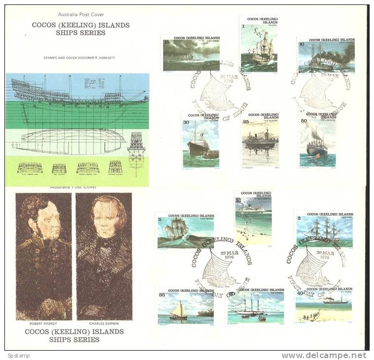 Cocos Keeling Island 1976 Ship Definitive Set (12) On 2 Unadressed  FDC - Cocos (Keeling) Islands