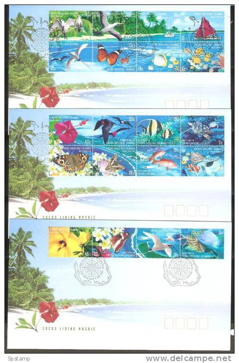 Cocos Keeling Island 1999 Living Mosaic Set Of 20 On 3 Unadressed FDC - Ships Birds Flower Fish - Cocos (Keeling) Islands