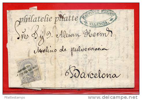 ESPAGNE LETTRE DE 1872 DE VALENCE POUR BARCELONE - Brieven En Documenten